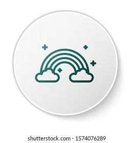 Green Rainbow with clouds icon isolated on white background. White circle button. Vector Illustration