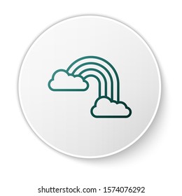 Green Rainbow with clouds icon isolated on white background. White circle button. Vector Illustration