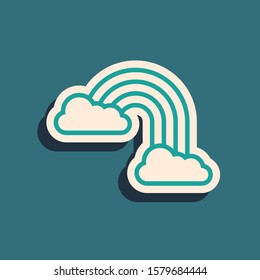 Green Rainbow with clouds icon isolated on blue background. Long shadow style. Vector Illustration