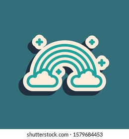 Green Rainbow with clouds icon isolated on blue background. Long shadow style. Vector Illustration