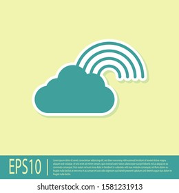 Green Rainbow with clouds icon isolated on yellow background.  Vector Illustration