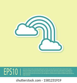 Green Rainbow with clouds icon isolated on yellow background.  Vector Illustration
