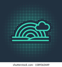 Green Rainbow with clouds icon isolated on blue background. Abstract circle random dots. Vector Illustration