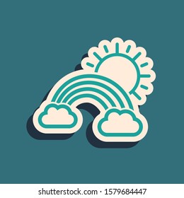 Green Rainbow with clouds and sun icon isolated on blue background. Long shadow style. Vector Illustration