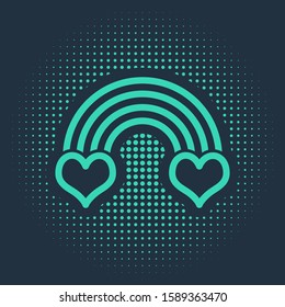 Green Rainbow with heart icon isolated on blue background. Abstract circle random dots. Vector Illustration