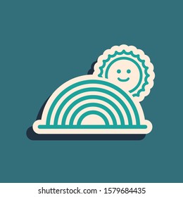 Green Rainbow with sun icon isolated on blue background. Long shadow style. Vector Illustration