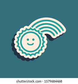 Green Rainbow with sun icon isolated on blue background. Long shadow style. Vector Illustration