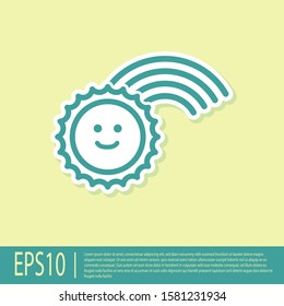 Green Rainbow with sun icon isolated on yellow background.  Vector Illustration