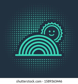 Green Rainbow with sun icon isolated on blue background. Abstract circle random dots. Vector Illustration