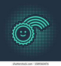 Green Rainbow with sun icon isolated on blue background. Abstract circle random dots. Vector Illustration