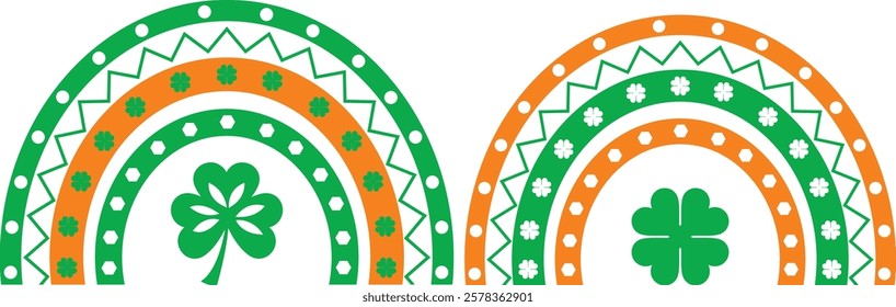 Green rainbows set boho scandinavian style Saint Patricks Day with shamrocks green Vector