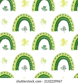 Green rainbows st.Patrick's shamrock seamless pattern. Vector hand drawn doodle Irish holiday.