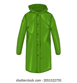 Green Raincoat with Butttons and Hood. Vector Cartoon Single Illustration.