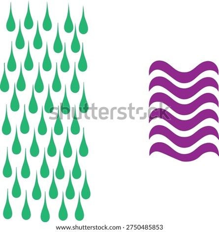 Green raindrops and purple water waves