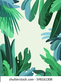 Green rainforest. Jungle background with copy space for text. Frame made of tropical plants and leaves. Flat style vector illustration.
