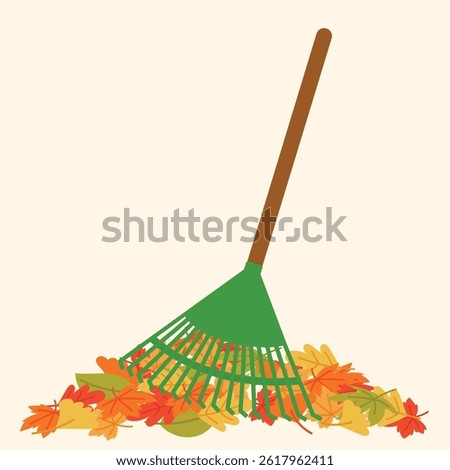 green rake sweeping fall foliage leaves, cleaning yard illustration