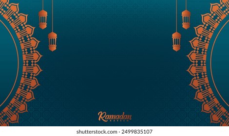 Green Ramadan Background with golden arabic arches and lamps. Suitable for Muslim greeting cards, invitations, posters, banners and other Islamic abstract background design templates.