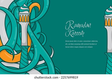 Green ramadan background template with minaret and branch in cartoon design