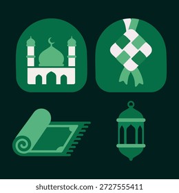 Green Ramadan and Eid icon set featuring crescent moon, gift box, food, and handshake, representing celebration, charity, and togetherness