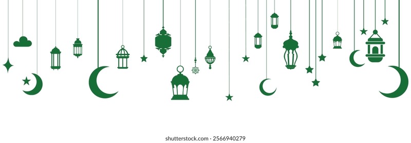 Green Ramadan Kareem border, Islamic art-style background. Symbols of Ramadan Mubarak include hanging gold lanterns, Arabic lamps, moons, stars, and art vectors and illustrations. 