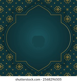 Green ramadan kareem eid mubarak arabesque islamic background banner with golden pattern. Arabic arch border design. Translation: "Muslim fasting month and celebration day".