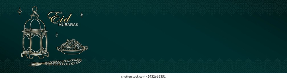 Green Ramadan Kareem header with hand drawn linear golden Arabic lantern, Muslim rosary praying beads and dates in bowl as a dish for Iftar. Panoramic banner with empty place for text for Eid Mubarak