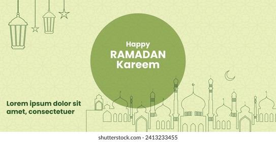 Green Ramadan Kareem Poster-Design mit monoline Moschee- und Laternenlampenlampe-Vektorgrafik für die Veranstaltung zum Festislam-Fasten