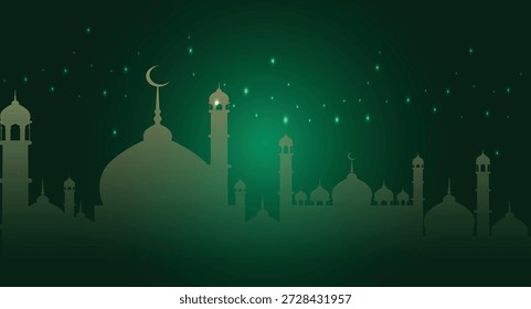 Grüne Ramadan Moschee Skyline Hintergrund mit Halbmond - Islamisches Id Feier Illustration