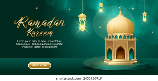 Grünes Ramadan Mubarak horizontales Banner, eid al-fitt Banner Design mit Moschee und Laterne Vektor-Illustration