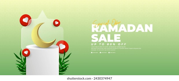 Green Ramadan sale banner design with podium, lantern and moon elements
