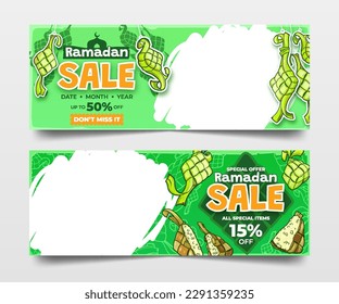 Green Ramadan Sale Banners with Hand Drawn Ketupat Illustration