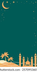 Green ramadan theme vertical background. Ramadan banner with mosque, moon and tree. Place for text. Vector illustration in flat design style