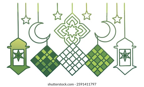 Green Ramadhan kareem and Eid Mubarak background in line art style. Modern Green Islamic background design. Islam vector illustration