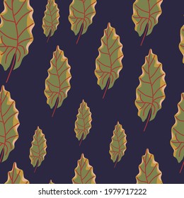 Green random doodle leaf ornament seamless pattern. Navy blue background. Nature artwork. Decorative backdrop for fabric design, textile print, wrapping, cover. Vector illustration.