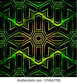 Green random laser beams on dark background. Seamless geometric pattern. Vector illustration