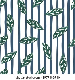 Green random leaf silhouettes seamless pattern. Blue and white striped background. Decorative floral ornament. Perfect for fabric design, textile print, wrapping, cover. Vector illustration.