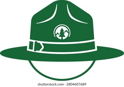 Green ranger hat with emblem featuring trees, set against a simple white background