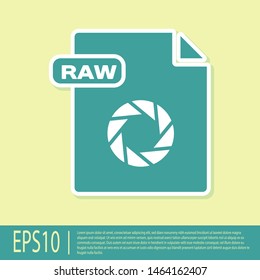 Green RAW file document. Download raw button icon isolated on yellow background. RAW file symbol.  Vector Illustration
