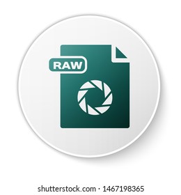Green RAW file document. Download raw button icon isolated on white background. RAW file symbol. White circle button. Vector Illustration