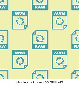 Green RAW file document icon. Download raw button icon isolated seamless pattern on yellow background. RAW file symbol. Vector Illustration