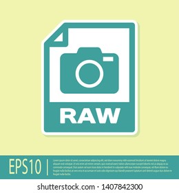 Green RAW file document icon. Download raw button icon isolated on yellow background. RAW file symbol. Vector Illustration