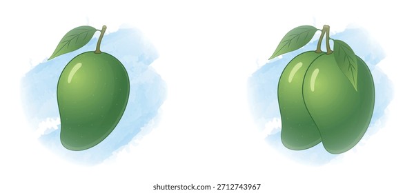 Green raw mango illustration with stem and leaves. A simple fruit clipart showing unripe sour mango (kachcha aam), perfect for food art, labels, and vector designs.