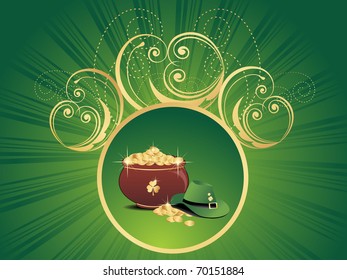 fondo de rayos verdes con monedas de oro terracota, sombrero leprechaun