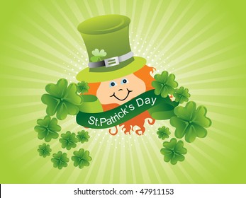 green rays background with leprechaun face, shamrock banner