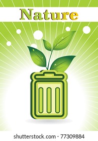 fondo de rayos verdes con papelera de reciclaje, hoja