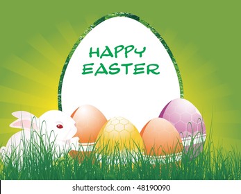 green rays garden background with colorful egg, bunny