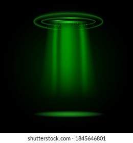 Green rays of light from the circle. UFO spaceship Green light beam illustration on black background.