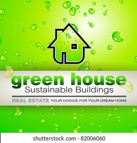 Green Real Estate water drops background for advertising of available bio houses or eco buildings for sale. Shadow is transparent.