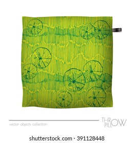 Green realistic 3d throw pillow with abstract grass print. Apartment interior design element. Cushion isolated on a light background.