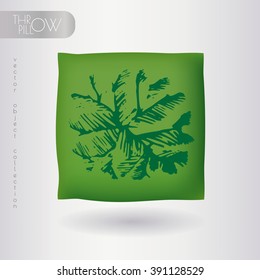 Green realistic 3d throw pillow with palm leaves print. Apartment interior design element. Cushion isolated on a light background.